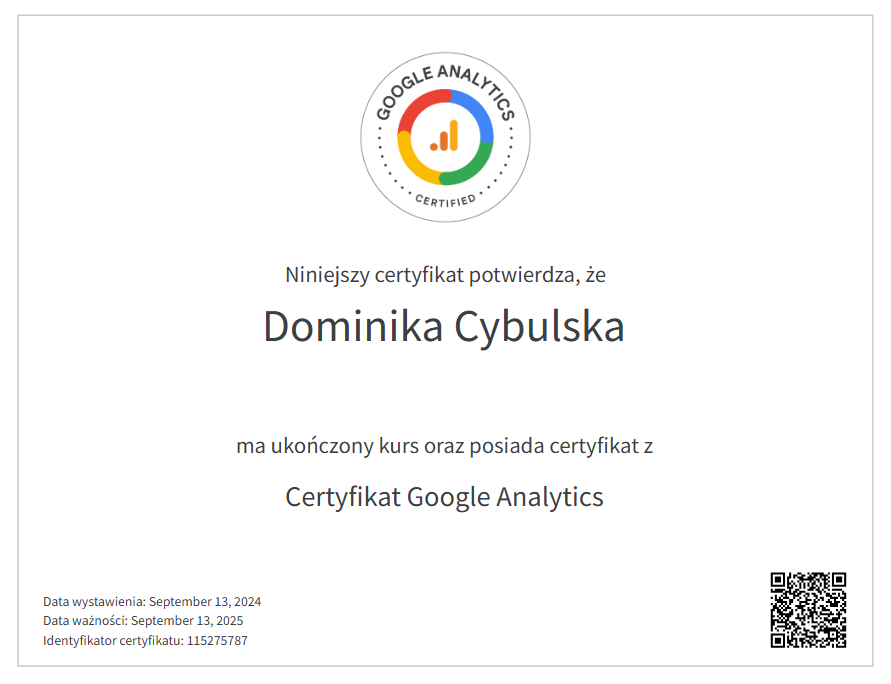 Certyfikat Google Analytics