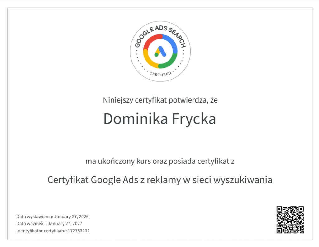 Certyfikat Google Ads z reklamy w sieci wyszukiwania